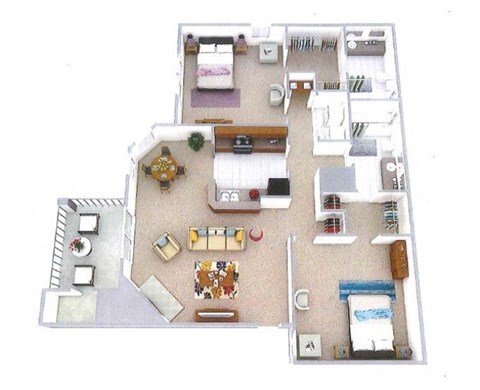 Floor plan for 2 beds, 2 baths, 1007 sqft